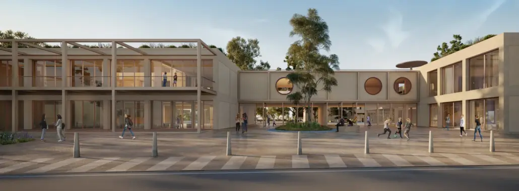 Progetto di riqualificazione del polo scolastico di Serramanna, vincitore del Piano Iscol@, con spazi rinnovati per la scuola primaria e secondaria.